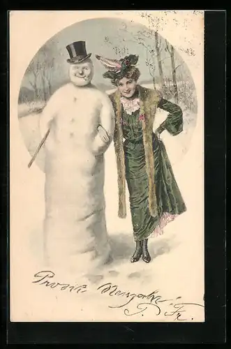 AK Elegante Dame neben Schneemann mit Zylinder