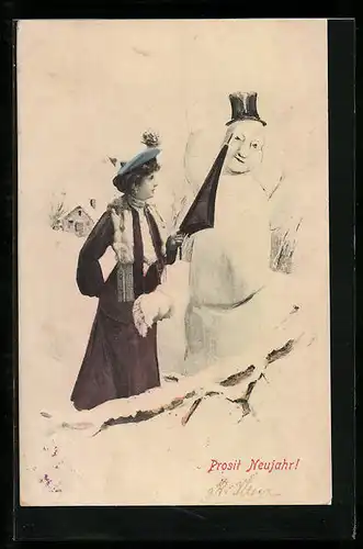 AK Dame mit Schirm ärgert Schneemann
