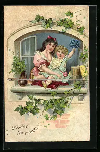 AK Dame mit Kind am Fenster zu Neujahr