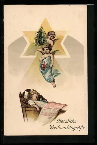 AK Weihnachtsengel beschenken kleines schlafendes Kind