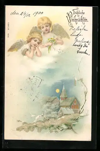 AK Weihnachtsengel über dem Dorf mit Blumen