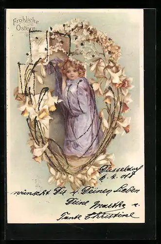 AK Mädchen im Gewand mit Blüten zu Ostern