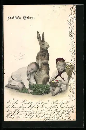 AK Jungen mit Osterhasen und Nest voller Eiern