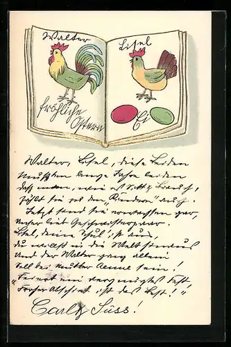 AK Fröhliche Ostern, Buch mit Hahn und Eiern