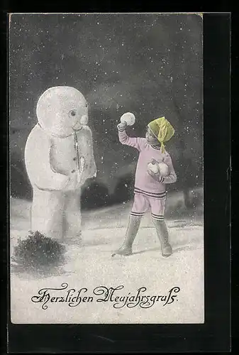 AK Kind bewirft Schneemann mit Schneebällen