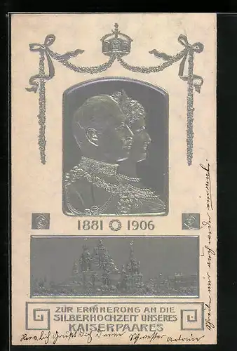 AK Erinnerung an die Silberhochzeit des Kaiserpaares am 27.02.1906, Kaiserin Auguste Victoria Königin von Preussen