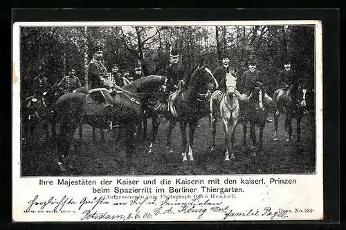 AK Kaiserin Auguste Victoria Königin von Preussen und ihr Gatte mit den Prinzen beim Spazierritt im Berliner Thiergarten