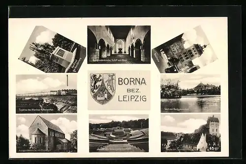 AK Borna /Bez. Leipzig, Teich mit Realgymnasium, Stätte der Volksgemeinschaft, Denkmal des Karabiniers