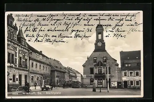 AK Wilsdruff /Sa., Marktplatz mit Schänke Alte Post und Sparkasse