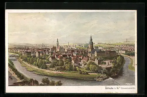 Künstler-AK Döbeln i. S., Gesamtansicht aus der Vogelschau