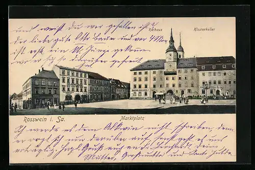 AK Rosswein i. Sa., Marktplatz mit Rathaus und Klosterkeller