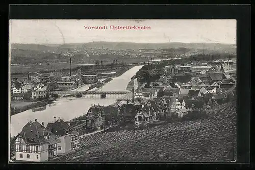 AK Stuttgart-Untertürkheim, Ortsansicht und Flusspartie aus der Vogelschau