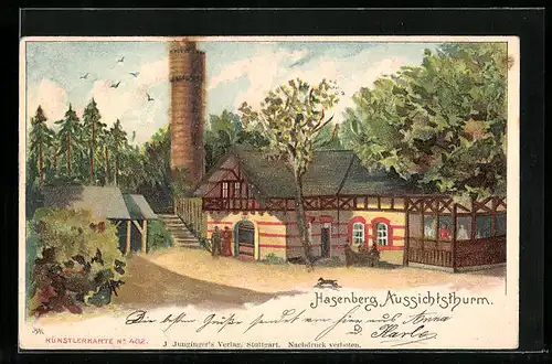 Lithographie Stuttgart, Hasenberg Aussichtsthurm