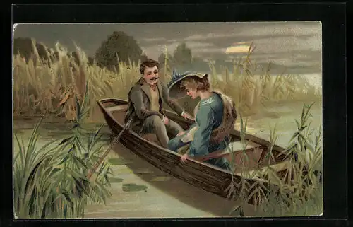 Präge-Lithographie Ein Paar in einem Ruderboot
