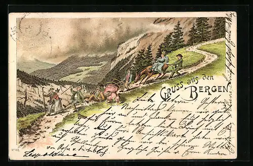 Lithographie Männer und Frauen beim Bergsteigen