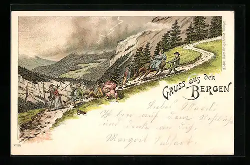 Lithographie Gruppe spaziert in den Bergen