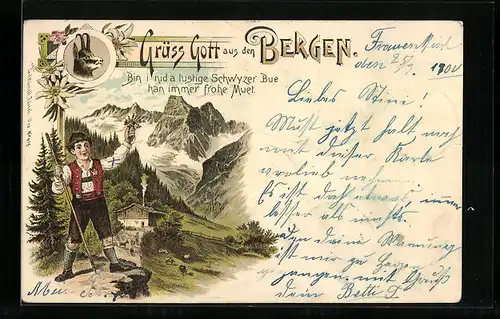 Lithographie Mann in Tracht in den Bergen