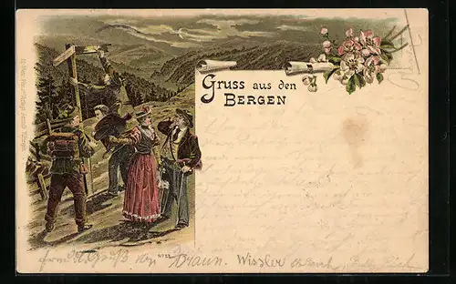 Lithographie Wandergruppe in den Bergen