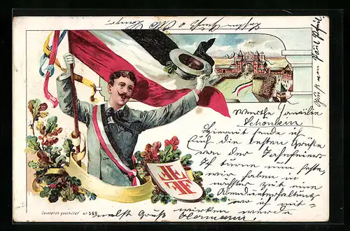 AK Turner mit Fahne und Wappen, Ortspartie
