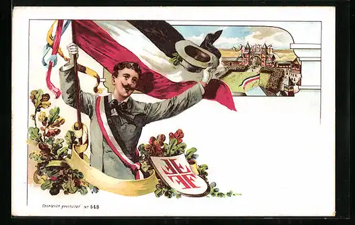 AK Turner mit Fahne und Wappen, Ortspartie