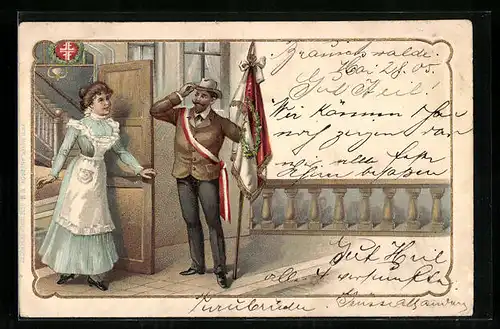 Präge-AK Frau öffnet Turner mit Fahne die Tür