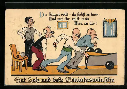 AK Männer beim Kegeln, Neujahrsgruss