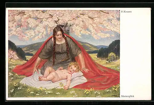 AK Mutter mit nacktem Kind auf einer Blumenwiese
