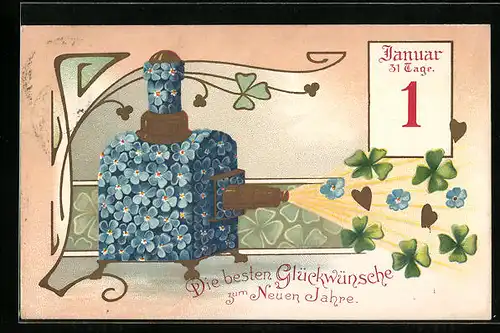 AK Ofen mit Blumen, Kalender, Neujahrsgruss