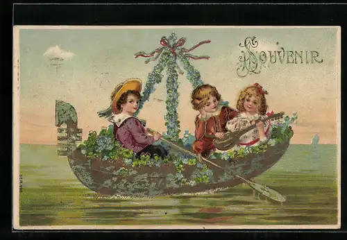 Präge-AK Zwei Jungen und Mädchen mit Laute im Boot, Blumenbild