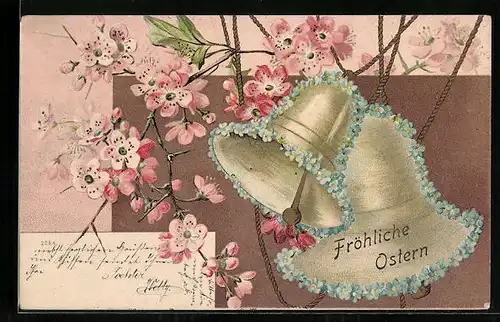AK Zwei Glocken mit Blumen, Ostergruss