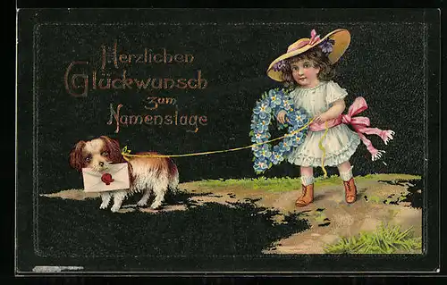 Präge-AK Kleines Mädchen mit Blumenherz und Hund