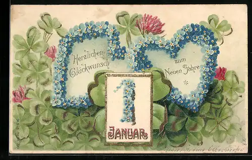 Präge-AK Zwei Blumenherzen mit Kalender und Kleeblättern, Neujahrsgruss