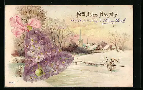 AK Glocke aus Blumen in winterlicher Landschaft, Neujahrsgruss