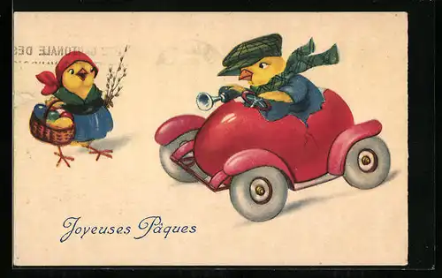 AK Osterküken im Auto fährt an Osterkükenfrau vorbei, vermenschlichte Tiere, Ostergruss