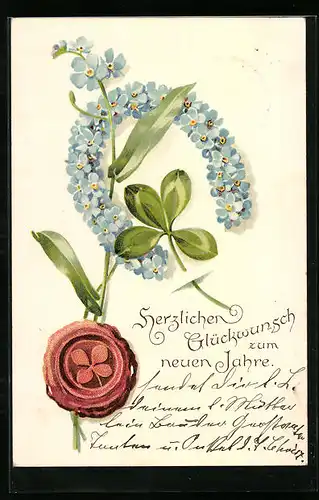 Lithographie Hufeisen aus Vergisssmeinnicht, Neujahrsgruss