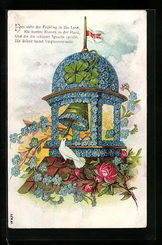 Präge-AK Vergissmeinnicht-Glocke und weisse Taube