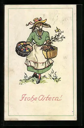AK Osterhäsin im Dirndl mit Eierkörbchen und Narzisse unterwegs, Ostergruss