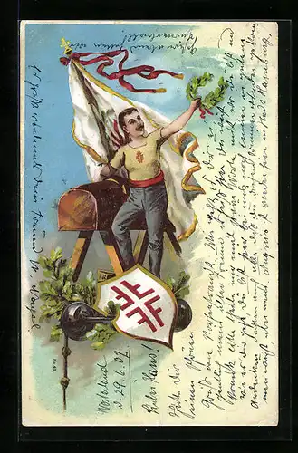 Lithographie Turner mit Hantel, Bock und Fahne schwenkt seinen Siegerkranz, Turner-Wappen