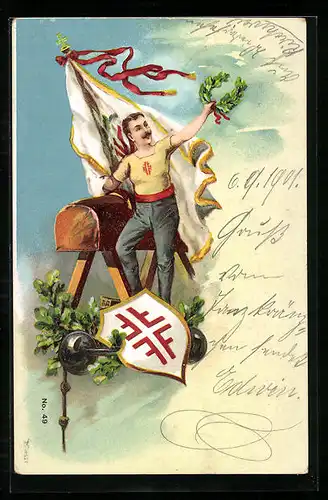 Lithographie Turner mit Bock und Fahne schwenkt seinen Siegerkranz, Turner-Wappen