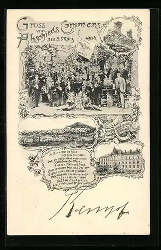 AK Homberg, Abschieds Commers 1904, Gruppenfoto mit Bierfass, Ortsansicht, Gedicht