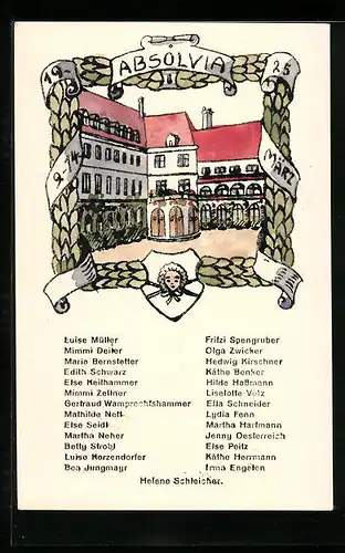 AK Absolvia 1925, Gebäudehof mit Ornament und Wappen, Namen der Absolventen