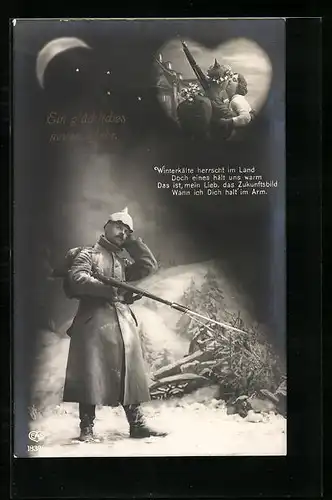 Foto-AK Soldat im winterlichen Felde denkt an seine Geliebte, Neujahrsgruss
