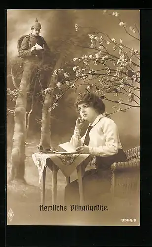 Foto-AK Mädchen liest den Brief eines Soldaten, Pfingstgruss