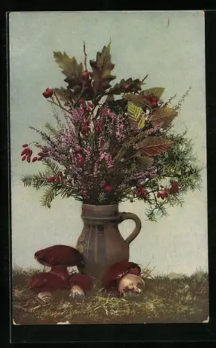 AK Herbstlaub und Hagebutte in einer Vase mit Pilzen