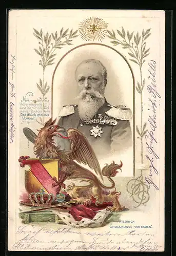 Präge-Lithographie Grossherzog Friedrich von Baden mit Wappen