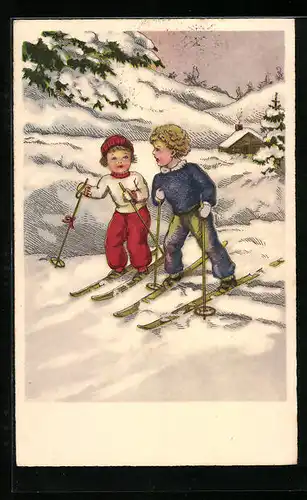 AK Zwei Kinder fahren Ski