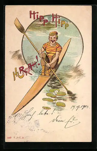 Künstler-AK Mann hat Spass beim Rudern