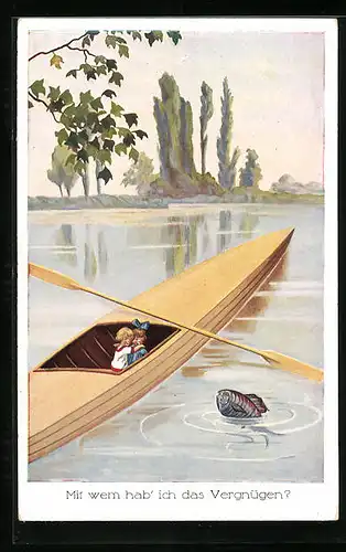 Künstler-AK Zwei Kinder begegnen Fisch beim Rudern