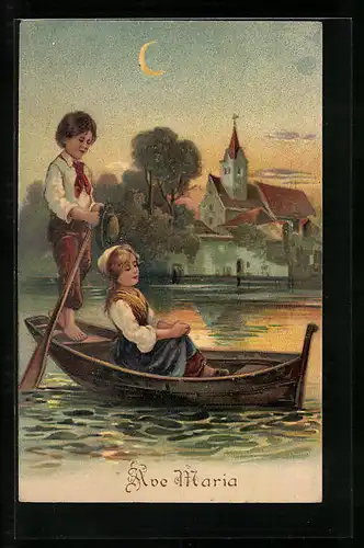 Präge-Künstler-AK Ave Maria, Zwei Kinder auf einem Ruderboot bei Mondschein