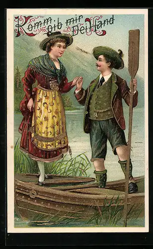 Präge-Künstler-AK Paar in Trachten auf einem Ruderboot